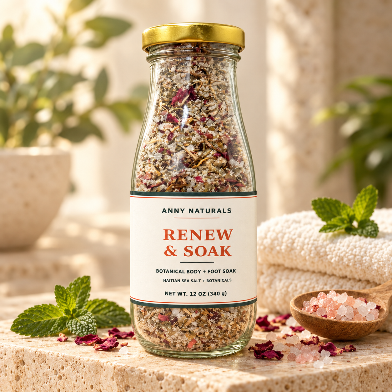 Renew & Soak Botanical Body & Foot Soak – Epsom, Haitian Sea & Pink Himalayan Salts – 12 oz