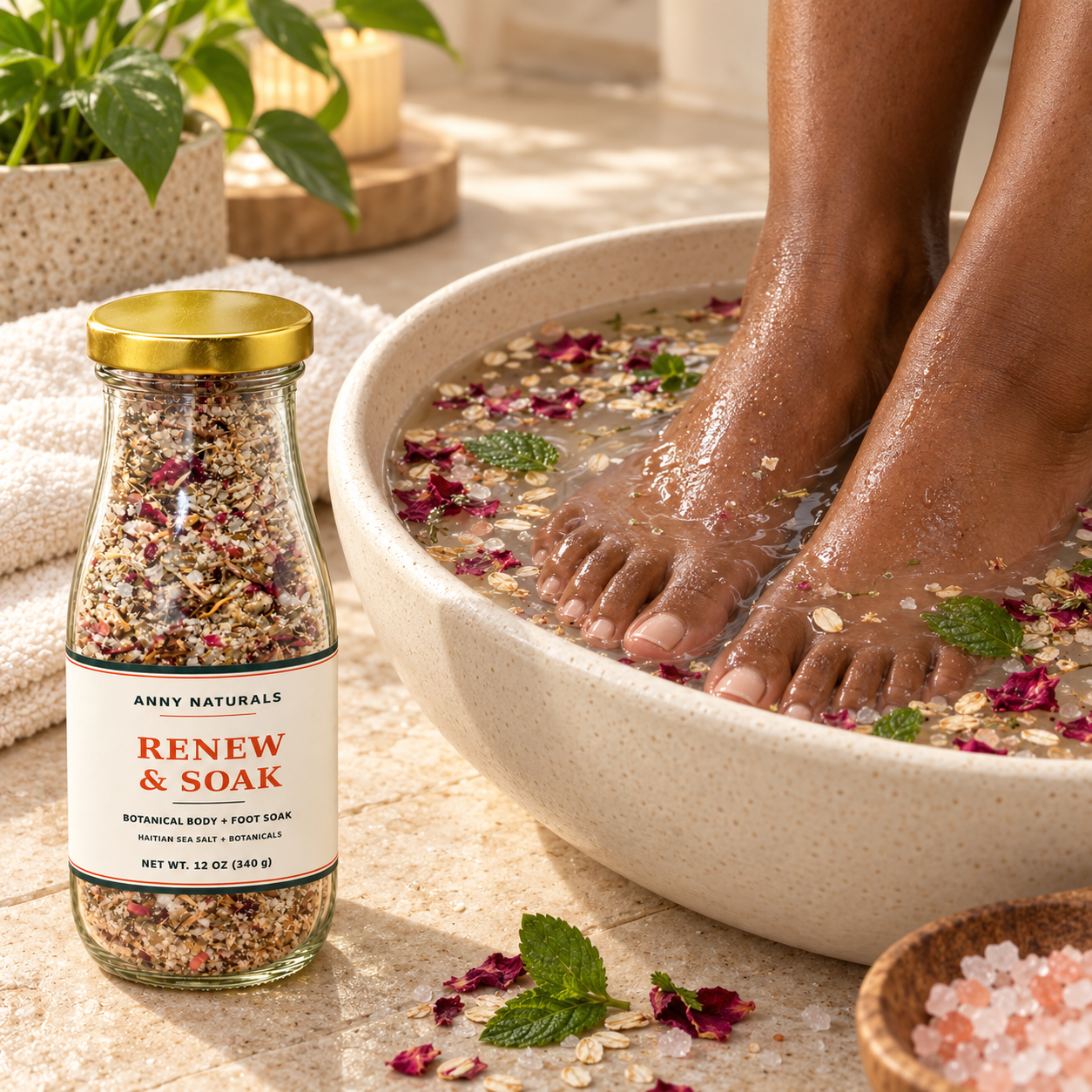 Renew & Soak Botanical Body & Foot Soak – Epsom, Haitian Sea & Pink Himalayan Salts – 12 oz