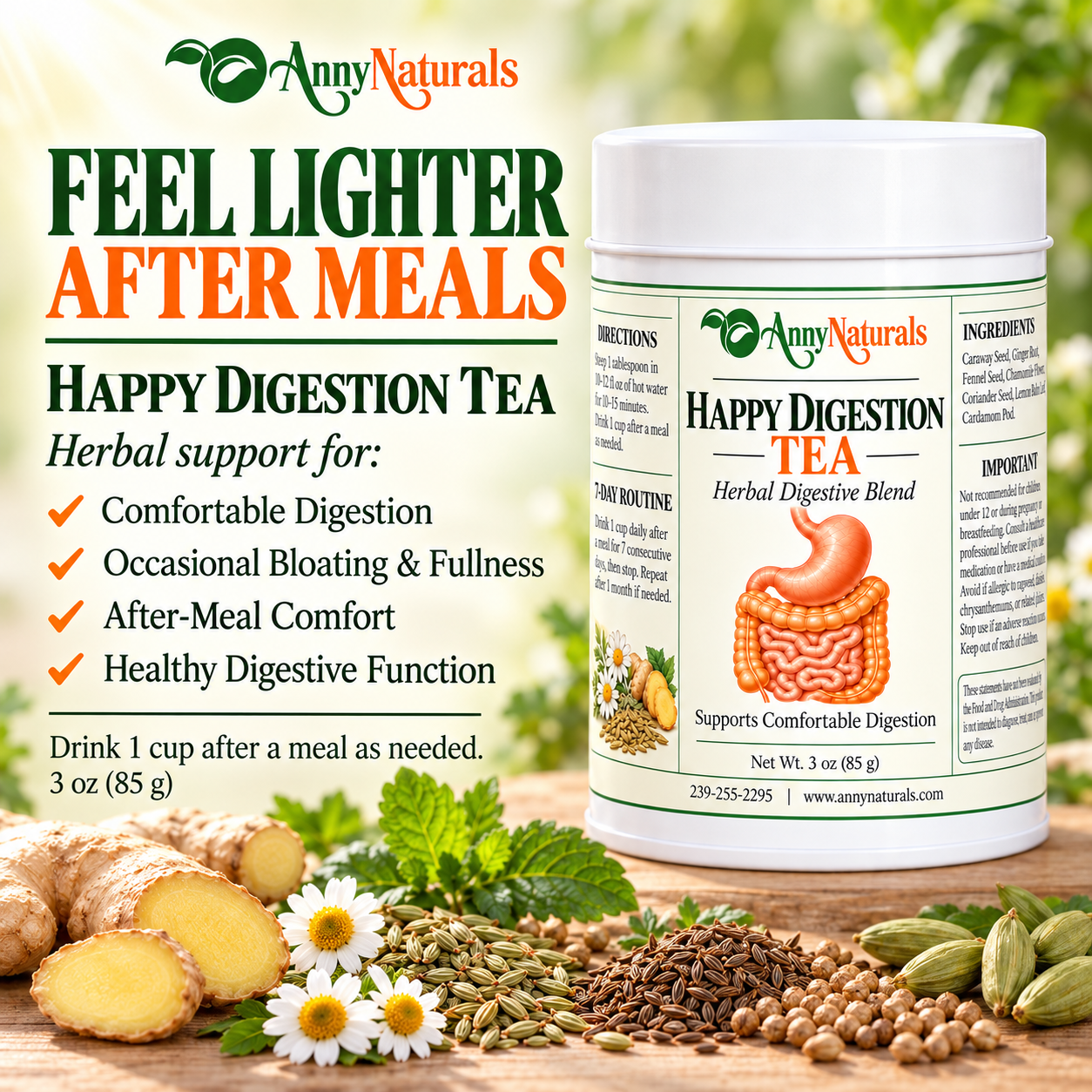 Happy Digestion Tea – Herbal After-Meal Digestive Support – Caffeine-Free Loose Leaf Blend – 3 oz