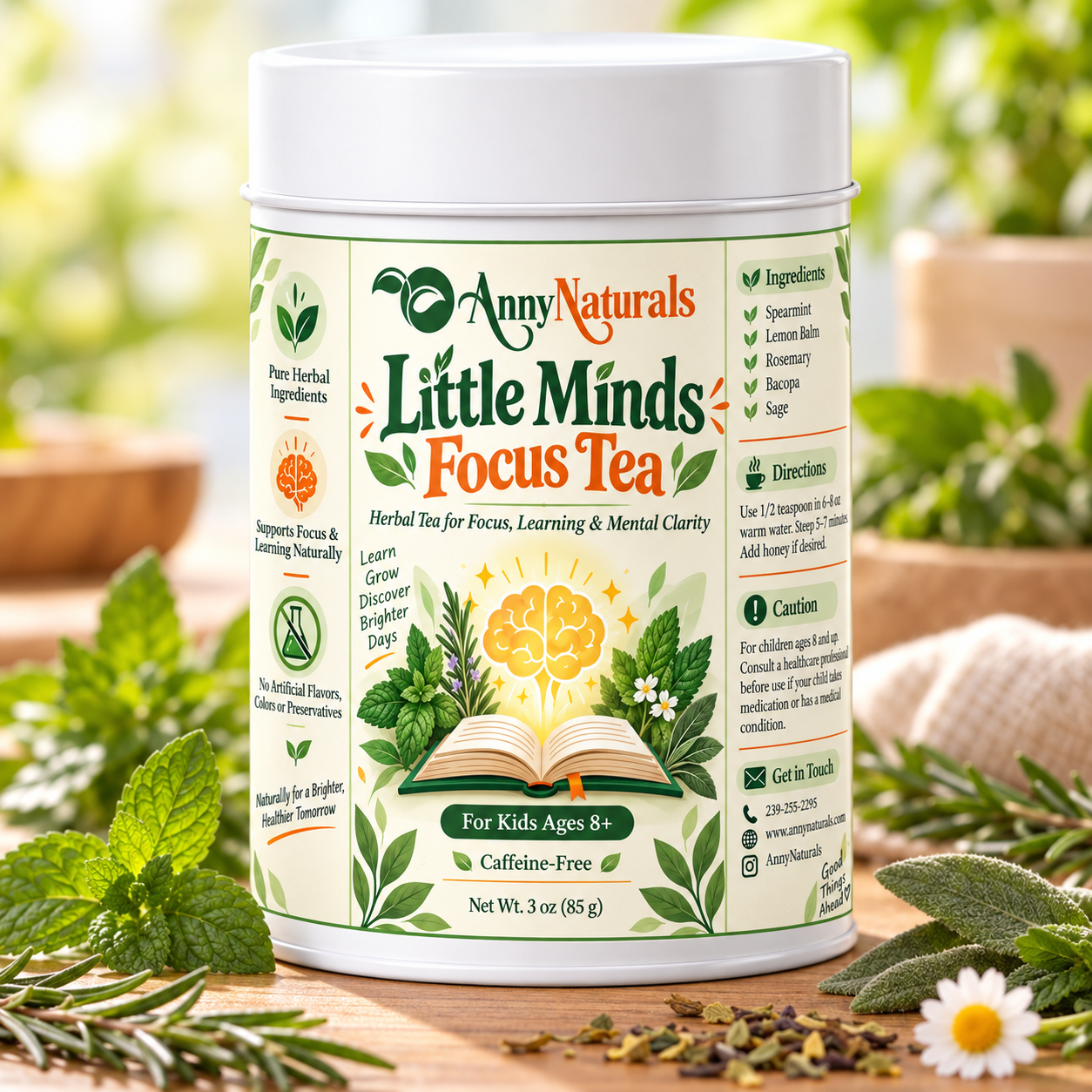 Little Minds Focus Tea – Caffeine-Free Herbal Tea for Kids Ages 8+ – 3 oz
