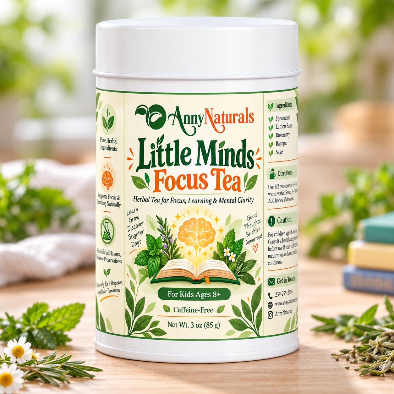 Little Minds Focus Tea – Caffeine-Free Herbal Tea for Kids Ages 8+ – 3 oz