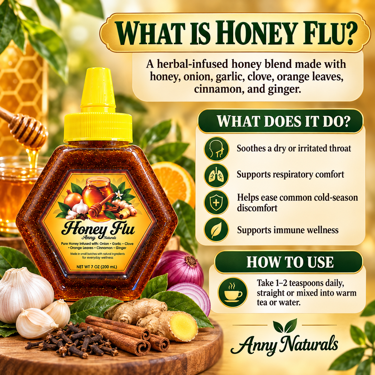 Honey Flu – Immune Support
Natural • Handcrafted • Comfort for Cold & Flu